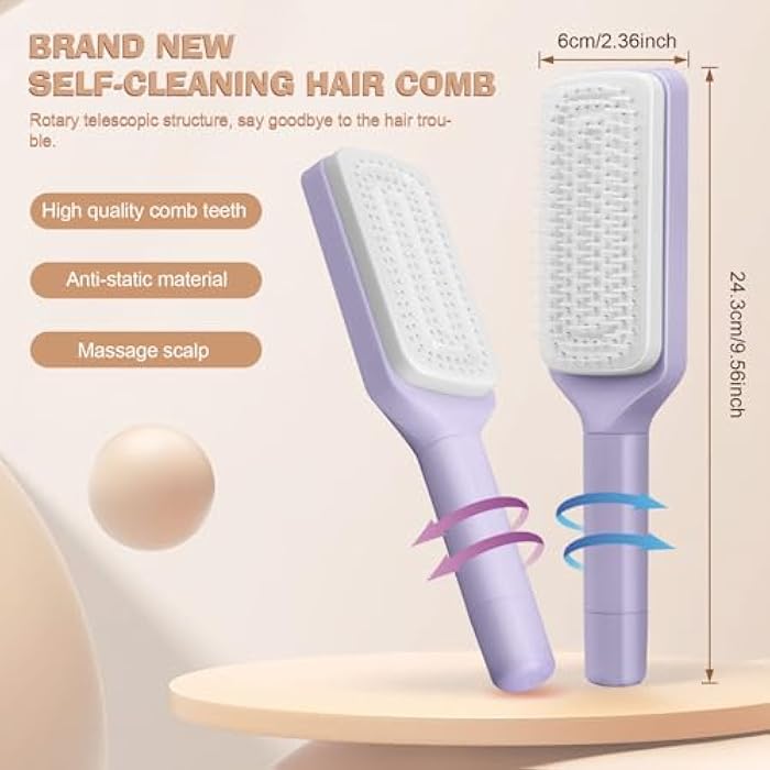 FIDWALL 1 Pack Self Cleaning Hair Brush, Hair Brushes for Women, Air Cushion Massage Combs, Rotating Telescopic Comb, Easily Detangle Hair and Clean (Purple) - Image 3